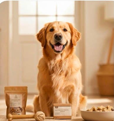 A golden retriever sitting next to treat pouches and a bowl of food
