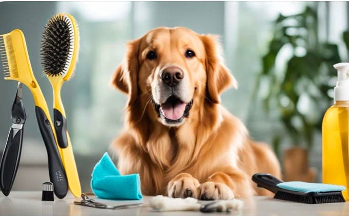 A golden retriever beside a full set of at-home grooming tools