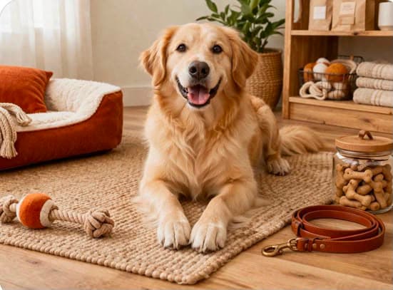 A golden retriever on a rug with a walking lead and everyday gear