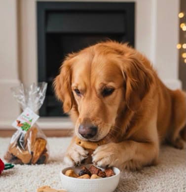 A golden retriever eating from a bowl of grain-free food by the fireplace